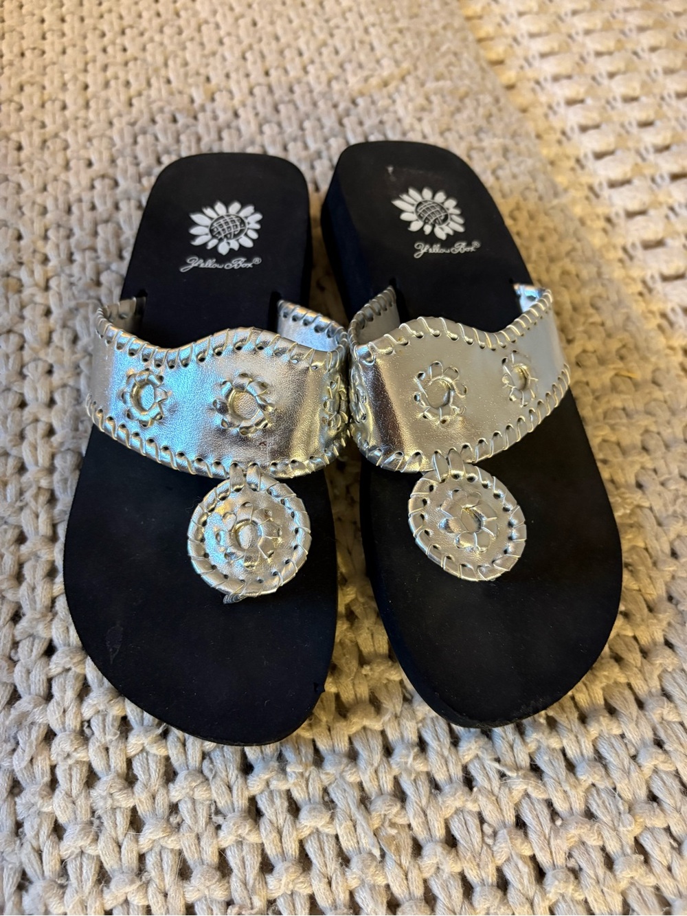 Yellow Box Metallic Silver Thong Sandals with Stitched Medallions